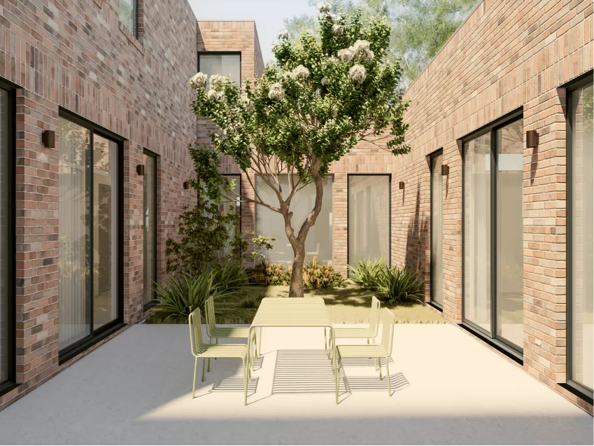 Private courtyard surrounded by established greenery
